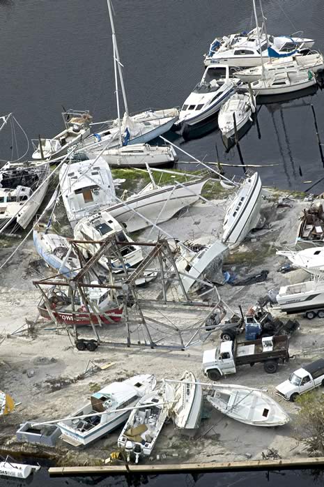 Punta Gorda, FL, Aug. 16, 2004 -- Aerial image of destroyed boats in Punta Gorda, following hurricane Charley. FEMA Photo/Andrea Booher