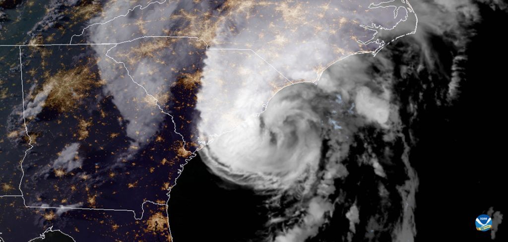 A visible NOAA GOES-16 satellite image of Hurricane Isaias as it approached the U.S. East Coast at 7:46 p.m. ET, August 3, 2020. (NOAA)